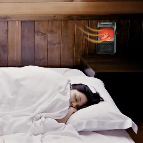 woman sleeping with Flame Heater in use