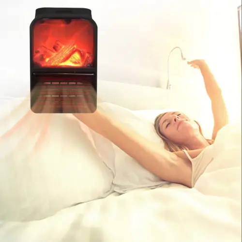 woman waking up with Flame Heater heating up her space